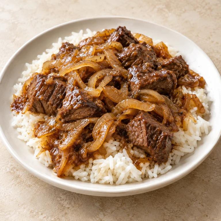 Beef and onions with rice