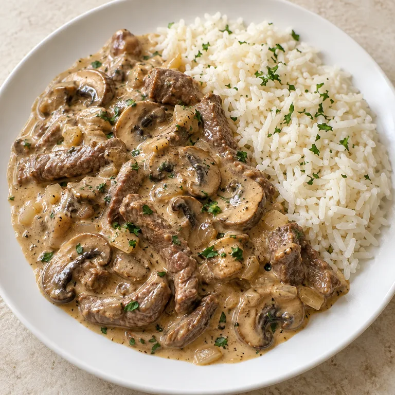 Beef Stroganoff with rice